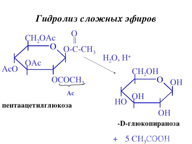 Гидролиз сложных эфиров H2O, H+ + 5 CH3COOH пентаацетилглюкоза β-D-глюкопираноза