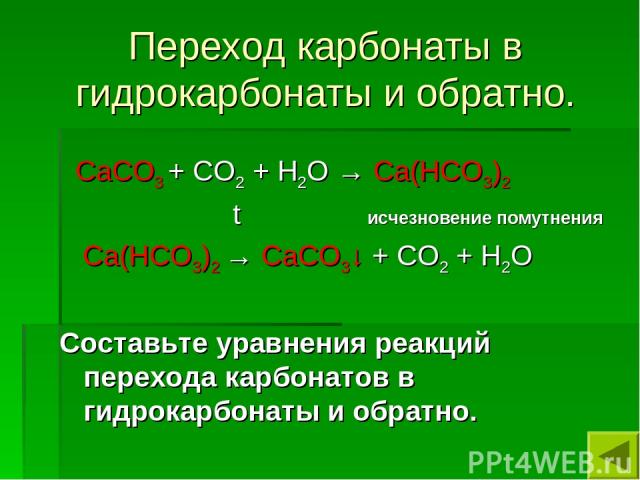 Переход карбонаты в гидрокарбонаты и обратно. СаСО3 + СО2 + Н2О → Са(НСО3)2 t исчезновение помутнения Са(НСО3)2 → СаСО3↓ + СО2 + Н2О Составьте уравнения реакций перехода карбонатов в гидрокарбонаты и обратно.