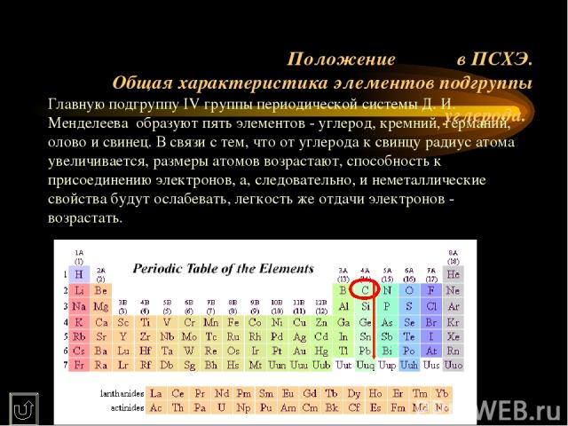 Положение в ПСХЭ. Общая характеристика элементов подгруппы углерода. Главную подгруппу IV группы периодической системы Д. И. Менделеева образуют пять элементов - углерод, кремний, германий, олово и свинец. В связи с тем, что от углерода к свинцу рад…