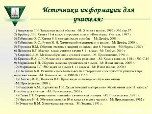 Источники информации для учителя: 1) Аверкиева Г.И. Загадки реакций обмена. –М: