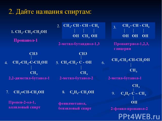 2. Дайте названия спиртам: 1. CH3- CH2-CH2OH CH2=CH-CH2OH C6H5- CH2OH Пропанол-1 2-метил-бутандиол-1,3 Пропантриол-1,2,3, глицерин 2,2-диметил-бутанол-1 2-метил-бутанол-2 2-метил-бутанол-1 Пропен-2-ол-1, аллиловый спирт фенилметанол, бензиловый спир…
