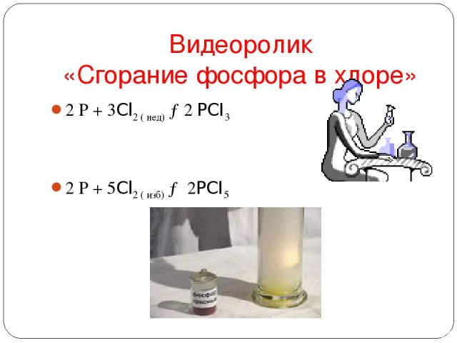 Видеоролик «Сгорание фосфора в хлоре» 2 Р + 3Cl2 ( нед) →2 PCI3 2 Р + 5Cl2 ( изб) → 2PCI5