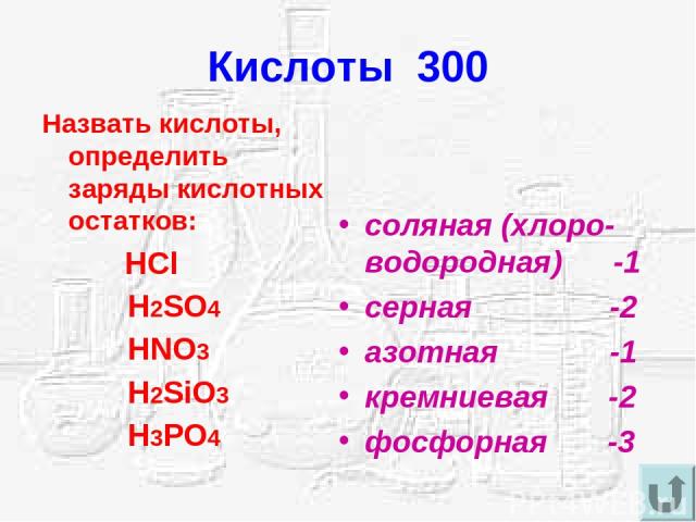 Кислоты 300 Назвать кислоты, определить заряды кислотных остатков: HCl H2SO4 HNO3 H2SiO3 H3PO4 соляная (хлоро-водородная) -1 серная -2 азотная -1 кремниевая -2 фосфорная -3