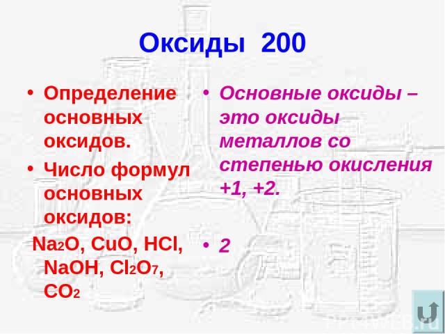 Оксиды 200 Определение основных оксидов. Число формул основных оксидов: Na2O, CuO, HCl, NaOH, Cl2O7, CO2 Основные оксиды – это оксиды металлов со степенью окисления +1, +2. 2