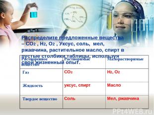 Распределите предложенные вещества – СO2 , H2, O2 , Уксус, соль,  мел, ржавчина,