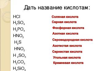 Дать название кислотам: HCI H2SO4 H3PO4 HNO3 H2S НNO2 H 2SO3 H2CO3 Н2SiO4