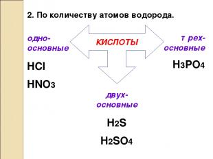 2. По количеству атомов водорода. КИСЛОТЫ одно-основные HCl HNO3 двух-основные H
