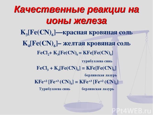 Качественные реакции на ионы железа K3[Fe(CN)6]—красная кровяная соль K4[Fe(CN)6]– желтая кровяная соль FeCl2+ K3[Fe(CN)6 = KFe[Fe(CN)6] турнбуллева синь FeCl3 + K4[Fe(CN)6] = KFe[Fe(CN)6] берлинская лазурь KFe+2 [Fe+3 (CN)6] = KFe+3 [Fe+2 (CN)6] Ту…