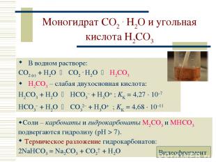 Моногидрат CO2 . H2O и угольная кислота H2CO3 В водном растворе: CO2 (г) + H2O C