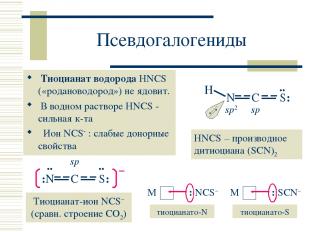 Псевдогалогениды Тиоцианат водорода HNCS («родановодород») не ядовит. В водном р