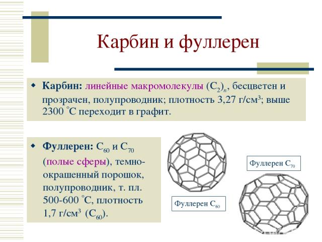 Карбин и фуллерен Карбин: линейные макромолекулы (С2)n, бесцветен и прозрачен, полупроводник; плотность 3,27 г/см3; выше 2300 С переходит в графит. Фуллерен: С60 и С70 (полые сферы), темно-окрашенный порошок, полупроводник, т. пл. 500-600 C, плотнос…