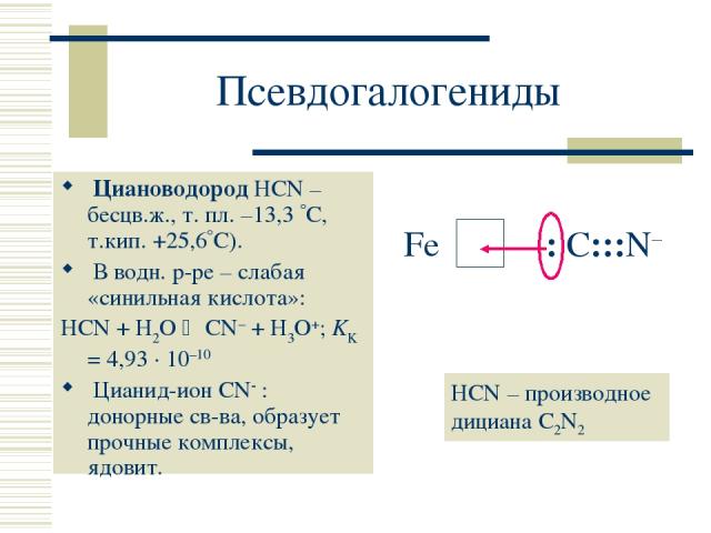 Псевдогалогениды Циановодород HCN – бесцв.ж., т. пл. –13,3 С, т.кип. +25,6 С). В водн. р-ре – слабая «синильная кислота»: HCN + H2O CN– + H3O+; KK = 4,93 · 10–10 Цианид-ион CN : донорные св-ва, образует прочные комплексы, ядовит. : C:::N– HCN – прои…