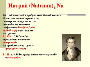 Натрий (Natrium)11Na Натрий – мягкий, серебристо – белый металл. В чистом виде п