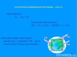 * Аллотропная модификация кислорода – озон О3 Неустойчив: O3 O2 + O Сильный окис