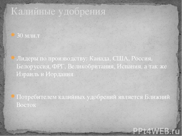 30 млн.т Лидеры по производству: Канада, США, Россия, Белоруссия, ФРГ, Великобритания, Испания, а так же Израиль и Иордания Потребителем калийных удобрений является Ближний Восток Калийные удобрения