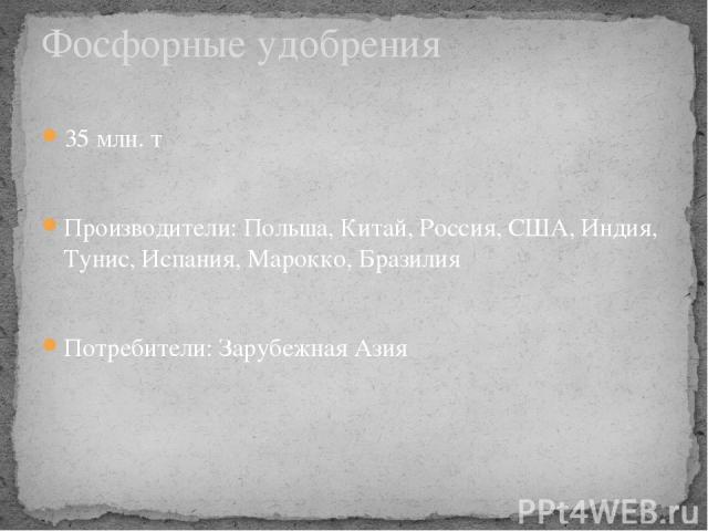 35 млн. т Производители: Польша, Китай, Россия, США, Индия, Тунис, Испания, Марокко, Бразилия Потребители: Зарубежная Азия Фосфорные удобрения