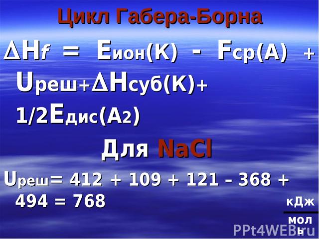 Цикл Габера-Борна Нf = Еион(К) - Fср(А) + Uреш+ Нсуб(К)+ 1/2Едис(А2) Для NaCl Uреш= 412 + 109 + 121 – 368 + 494 = 768 кДж моль