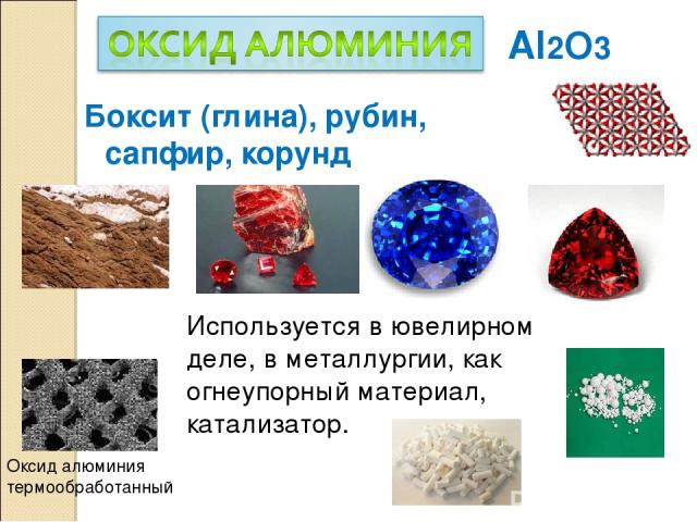 Al2O3 Боксит (глина), рубин, сапфир, корунд Используется в ювелирном деле, в металлургии, как огнеупорный материал, катализатор. Оксид алюминия термообработанный