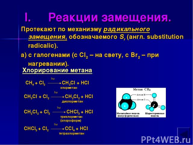 Реакции замещения. Протекают по механизму радикального замещения, обозначаемого Sr (англ. substitution radicalic). а) с галогенами (с Cl2 – на свету, с Br2 – при нагревании). hv трихлорметан (хлороформ) hv тетрахлорметан Хлорирование метана CH4 + Cl…