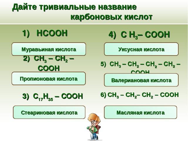 Дайте тривиальные название карбоновых кислот CH3 – CH2– CH2 – COOH 1) HCOOH 4) С Н3– СООН 2) CH3 – CH2 – COOH 3) C17H35 – COOH 5) CH3 – CH2 – CH2 – CH2 – COOH Муравьиная кислота Валериановая кислота Уксусная кислота Масляная кислота Стеариновая кисл…