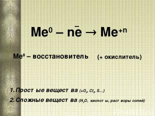 Ме0 – ne Me+n Ме0 – восстановитель Простые вещества (+О2, Сl2, S…) Сложные вещес