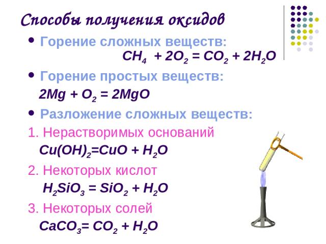 Способы получения оксидов Горение сложных веществ: СН4 + 2О2 = СО2 + 2Н2О Горение простых веществ: 2Mg + О2 = 2MgО Разложение сложных веществ: 1. Нерастворимых оснований Cu(OН)2=CuО + H2O 2. Некоторых кислот H2SiO3 = SiO2 + H2O 3. Некоторых солей Са…