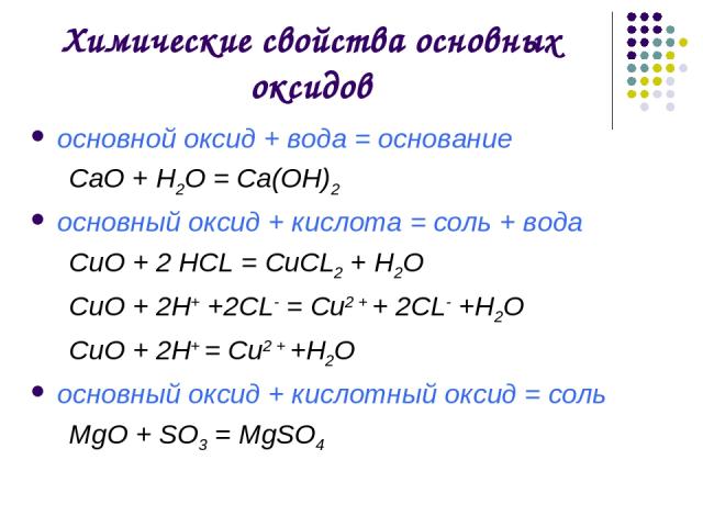 Химические свойства основных оксидов основной оксид + вода = основание СаO + H2O = Са(OН)2 основный оксид + кислота = соль + вода CuO + 2 HCL = CuCL2 + H2O CuO + 2H+ +2CL- = Cu2 + + 2CL- +Н2О CuO + 2H+ = Cu2 + +Н2О основный оксид + кислотный оксид =…