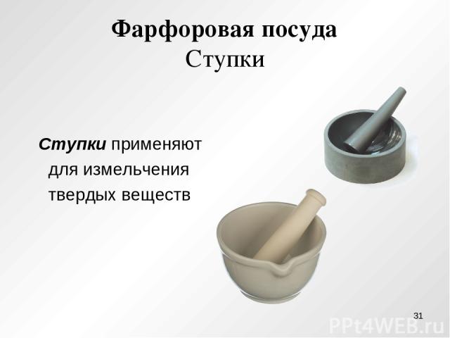 Фарфоровая посуда Ступки Ступки применяют для измельчения твердых веществ *