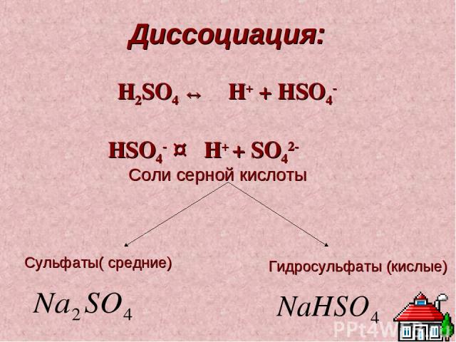 Диссоциация: H2SO4 ↔ H+ + HSO4- HSO4- ↔ H+ + SO42- Соли серной кислоты Сульфаты( средние) Гидросульфаты (кислые)