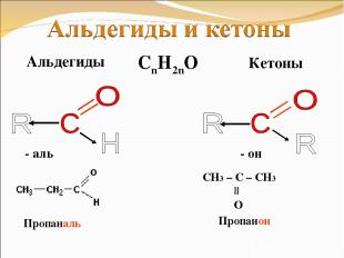 Альдегиды Кетоны - аль - он СН3 – С – СН3 || O Пропаналь Пропанон CnH2nO