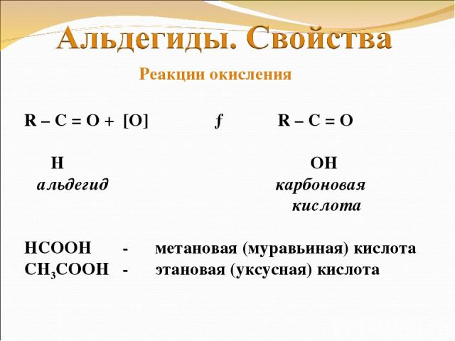 R – C = O + [O] → R – C = O Ι Ι H OH альдегид карбоновая кислота НСООН - метановая (муравьиная) кислота СН3СООН - этановая (уксусная) кислота Реакции окисления