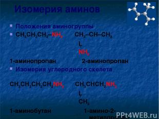 Изомерия аминов Положения аминогруппы CH3CH2CH2–NH2 CH3–CH–CH3 │ NH2 1-аминопроп