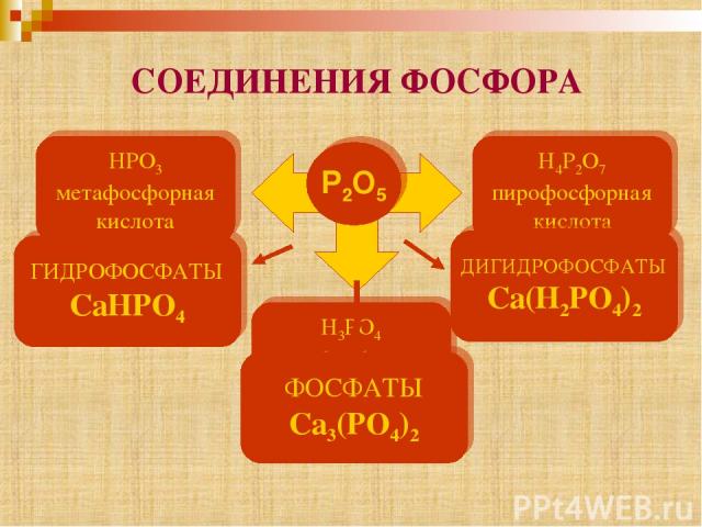 СОЕДИНЕНИЯ ФОСФОРА Р2O5 HPO3 метафосфорная кислота H4P2O7 пирофосфорная кислота H3PO4 ортофосфорная кислота ФОСФАТЫ Ca3(PO4)2 ГИДРОФОСФАТЫ CaНPO4 ДИГИДРОФОСФАТЫ Ca(Н2PO4)2