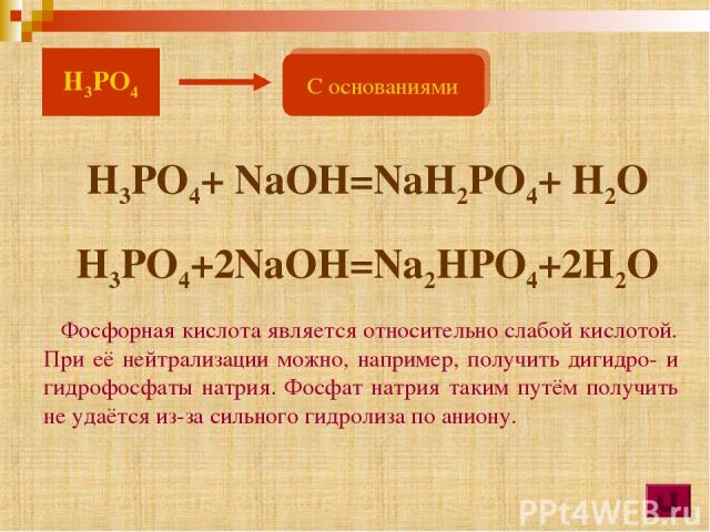 Фосфорная кислота является относительно слабой кислотой. При её нейтрализации можно, например, получить дигидро- и гидрофосфаты натрия. Фосфат натрия таким путём получить не удаётся из-за сильного гидролиза по аниону. H3PO4+ NaOH=NaH2PO4+ H2O H3PO4 …