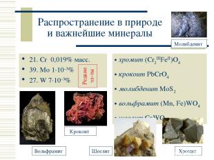 Распространение в природе и важнейшие минералы 21. Cr 0,019% масс. 39. Mo 1·10–3