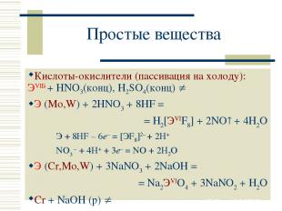 Простые вещества Кислоты-окислители (пассивация на холоду): ЭVIБ + HNO3(конц), H