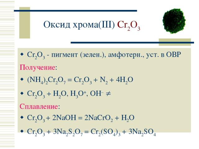 Оксид хрома(III) Cr2O3 Cr2O3 - пигмент (зелен.), амфотерн., уст. в ОВР Получение: (NH4)2Cr2O7 = Cr2O3 + N2 + 4H2O Cr2O3 + H2O, H3O+, OH– Сплавление: Cr2O3 + 2NaOH = 2NaCrO2 + H2O Cr2O3 + 3Na2S2O7 = Cr2(SO4)3 + 3Na2SO4
