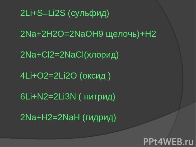 2Li+S=Li2S (сульфид) 2Na+2H2O=2NaOH9 щелочь)+H2 2Na+Cl2=2NaCl(хлорид) 4Li+O2=2Li2O (оксид ) 6Li+N2=2Li3N ( нитрид) 2Na+H2=2NaH (гидрид)