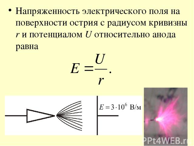 Напряженность электрического поля на поверхности острия с радиусом кривизны r и потенциалом U относительно анода равна