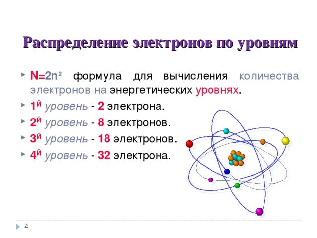 Распределение электронов по уровням * N=2n2 формула для вычисления количества электронов на энергетических уровнях. 1Й уровень - 2 электрона. 2Й уровень - 8 электронов. 3Й уровень - 18 электронов. 4Й уровень - 32 электрона.