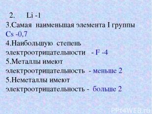 2. Li -1 3.Самая наименьшая элемента I группы Cs -0,7 4.Наибольшую степень элект