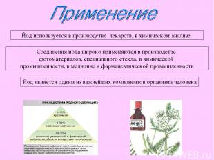 Йод используется в производстве лекарств, в химическом анализе. Соединения йода
