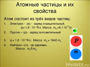 Атомные частицы и их свойства Атом состоит из трёх видов частиц: Электрон - (е)