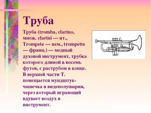 Труба (tromba, clarino, множ. clarini — ит., Trompete — нем., trompette — франц.