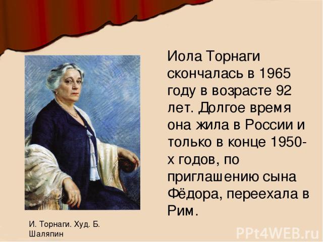 Иола Торнаги скончалась в 1965 году в возрасте 92 лет. Долгое время она жила в России и только в конце 1950-х годов, по приглашению сына Фёдора, переехала в Рим. И. Торнаги. Худ. Б. Шаляпин