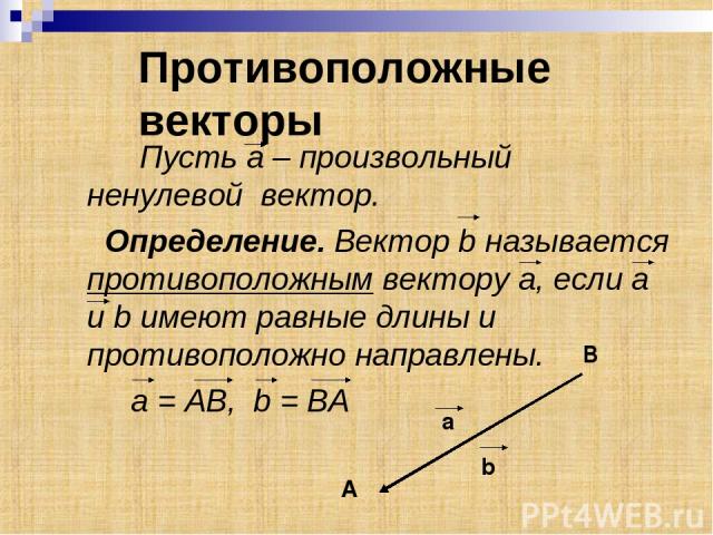 Противоположные векторы Пусть а – произвольный ненулевой вектор. Определение. Вектор b называется противоположным вектору а, если а и b имеют равные длины и противоположно направлены. a = АВ, b = BA a B А b