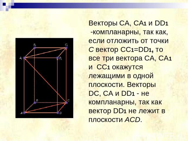 Векторы CA, CA1 и DD1  -компланарны, так как, если отложить от точки C вектор CC1=DD1, то все три вектора CA, CA1 и CC1 окажутся лежащими в одной плоскости. Векторы DC, CA и DD1 - не компланарны, так как вектор DD1 не лежит в плоскости ACD.