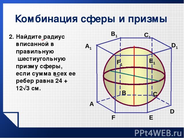 Комбинация сферы и призмы A В C A1 В1 C1 E1 F1 E F Найдите радиус вписанной в правильную шестиугольную призму сферы, если сумма всех ее ребер равна 24 + 12 3 см. D1 D