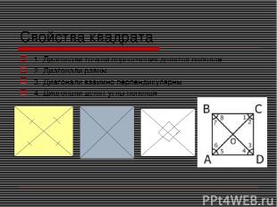 Свойства квадрата 1. Диагонали точкой пересечения делятся пополам 2. Диагонали р
