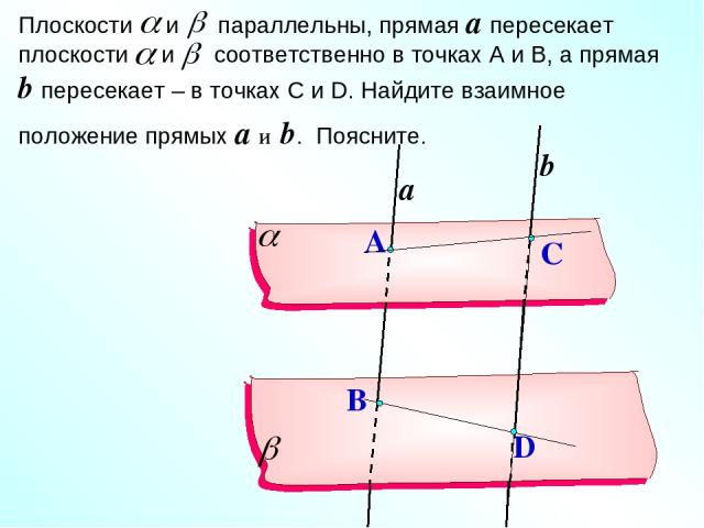 Плоскости и параллельны, прямая a пересекает плоскости и соответственно в точках А и В, а прямая b пересекает – в точках С и D. Найдите взаимное положение прямых a и b. Поясните. a b B D A C